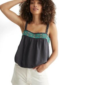 Women's Black and Green Embroidered Top